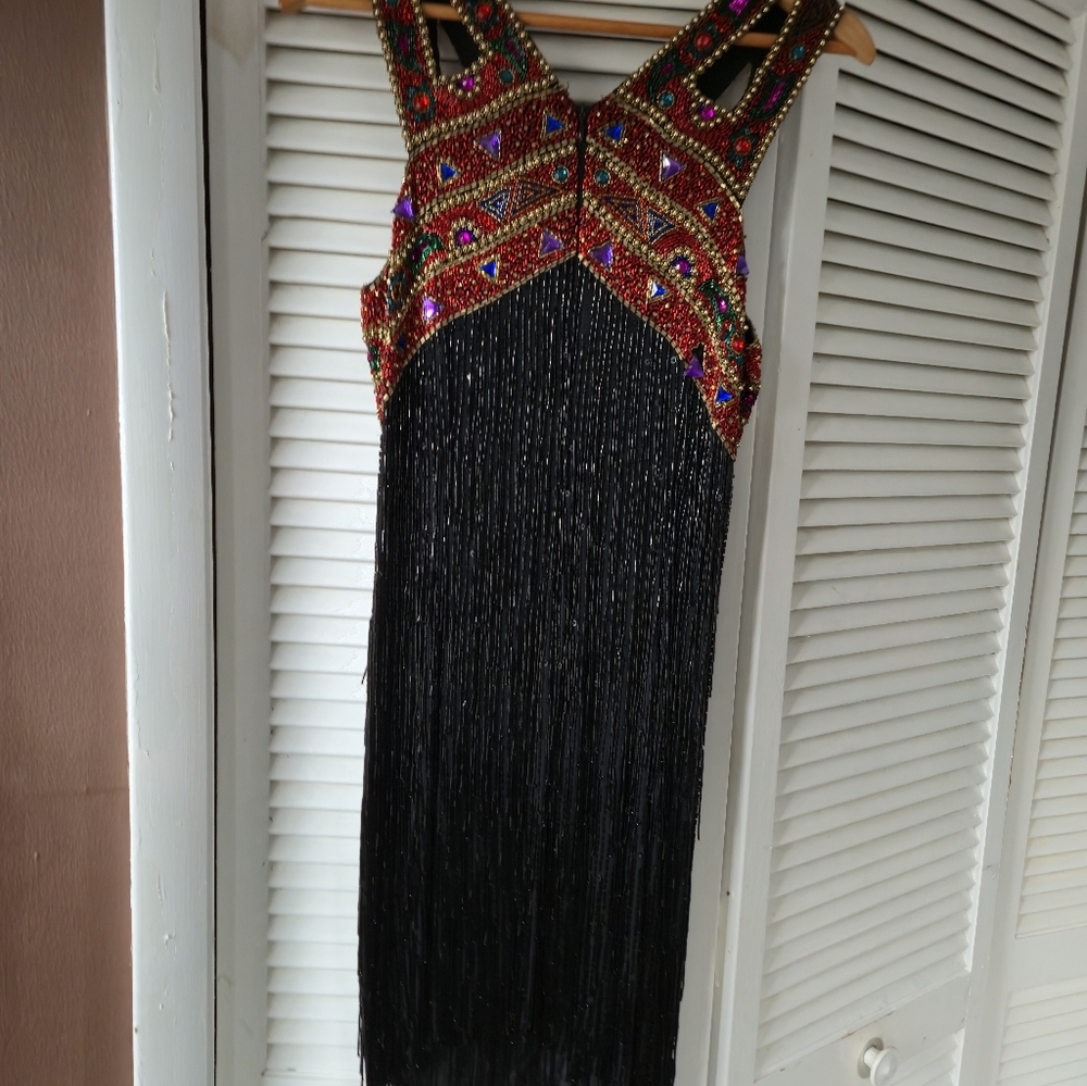 Elegant Black and Multicolor Beaded Fringe Dress By BLACKTIE